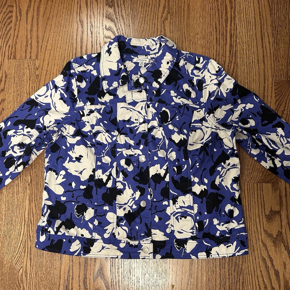 Liz Claiborne Women's Jacket Floral Purple Black White Buttons Packets Size 18 W - Picture 2 of 10
